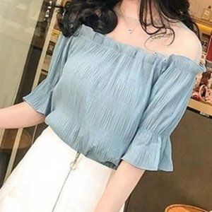 Blue Sheer Panel Off The Shoulder Blouse